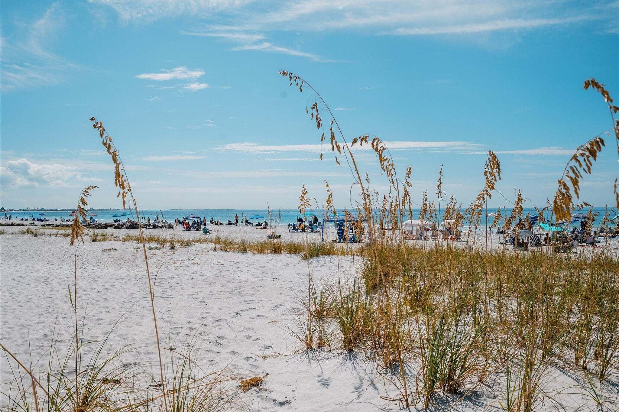 A beach with sand, grass, and a clear sky.