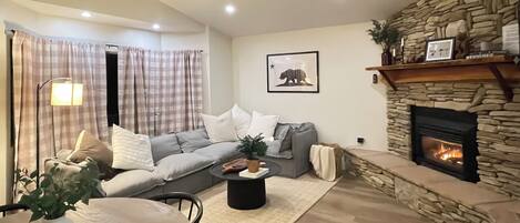 Smart TV, fireplace, DVD player