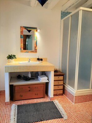 Une salle de bain avec un lavabo, un miroir et une douche.