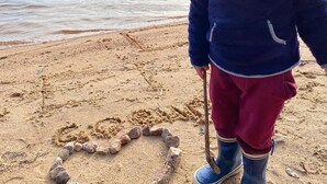 Un nen dempeus a la platja sorrenca, amb una massa d'aigua i un bosc al fons.