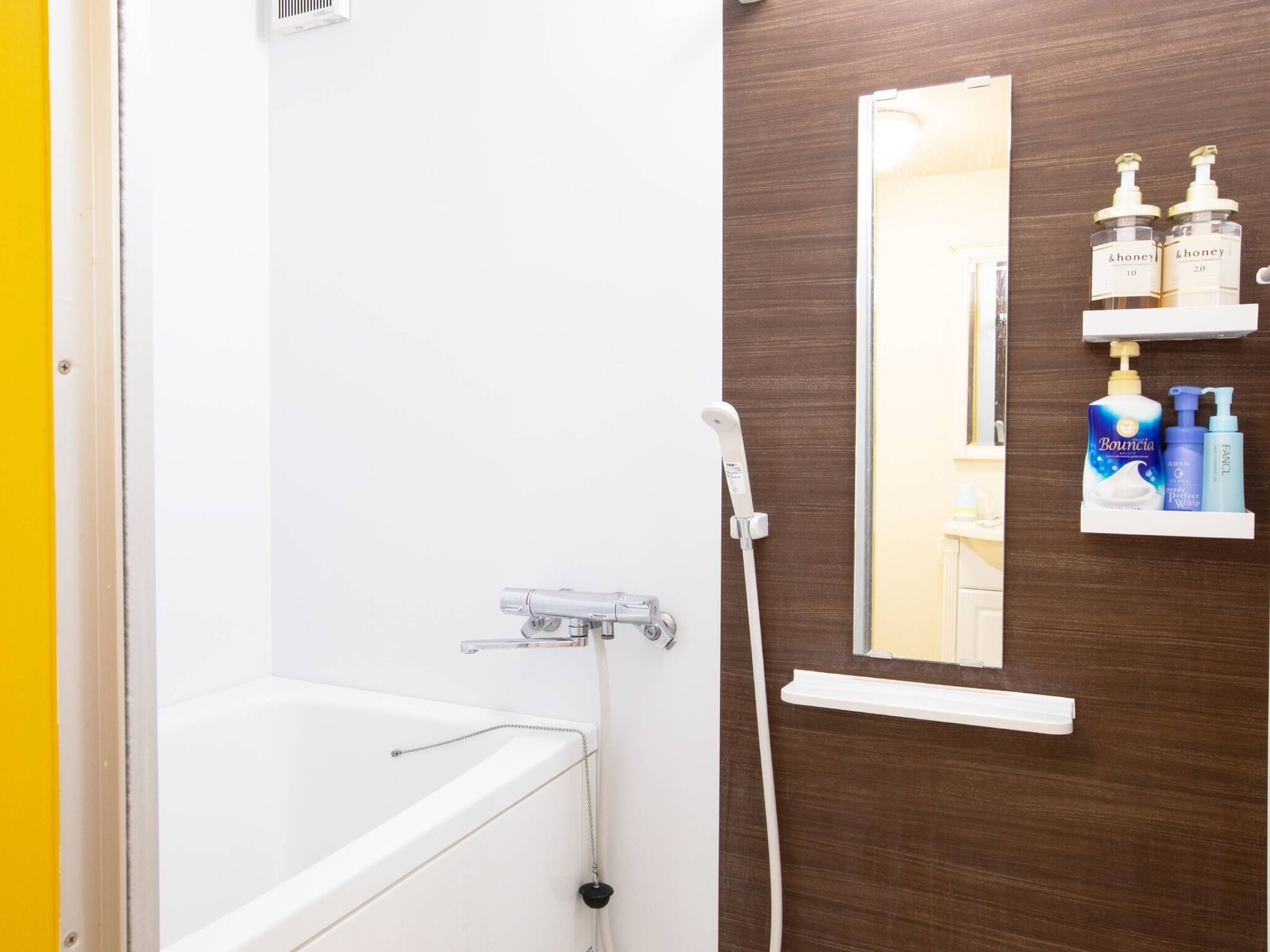 Hair dryer, towels, shampoo