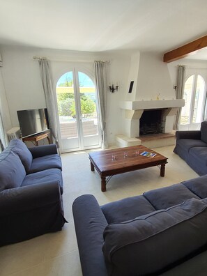 TV, fireplace, DVD player, books