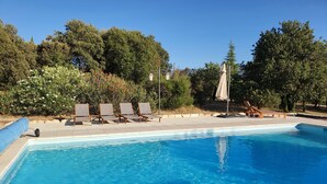 A swimming pool with lounge chairs and umbrellas, surrounded by trees and greenery.