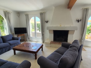 TV, fireplace, DVD player, books