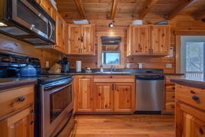 Fridge, microwave, oven, stovetop - Beautiful log cabin, huge mtn views, private lake, waterfall (Lake Lure)