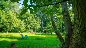 A grassy area with two blue chairs and a small structure in the background.