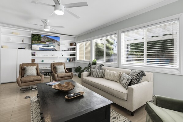 TV, fireplace, books