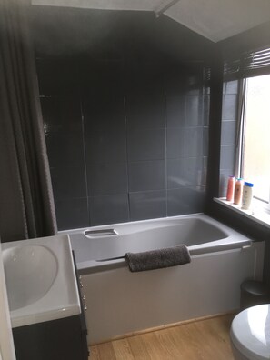 Combined shower/bathtub, hair dryer, towels, soap