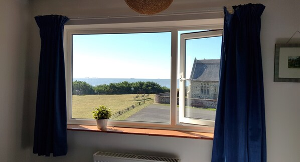 A window with a view of a grassy field and a building across the street.