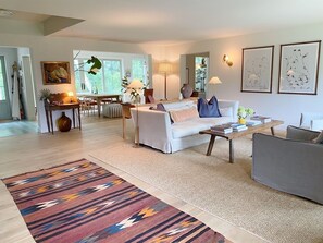 TV, fireplace, books