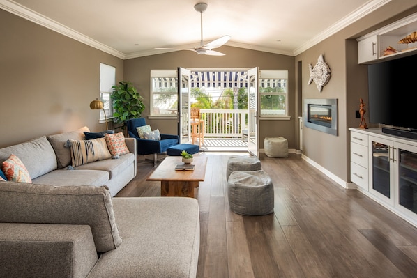 Smart TV, fireplace, video games, books