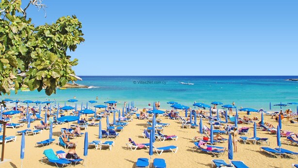 Ein Strand mit vielen Liegestühlen und Sonnenschirmen, einem klaren blauen Himmel und dem Meer im Hintergrund.