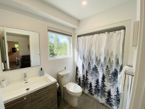 Combined shower/tub, hair dryer, towels, soap