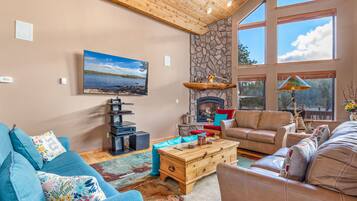 Smart TV, fireplace, DVD player, books