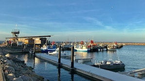 Un puerto deportivo con barcos amarrados, un muelle y un pequeño edificio con una bandera.