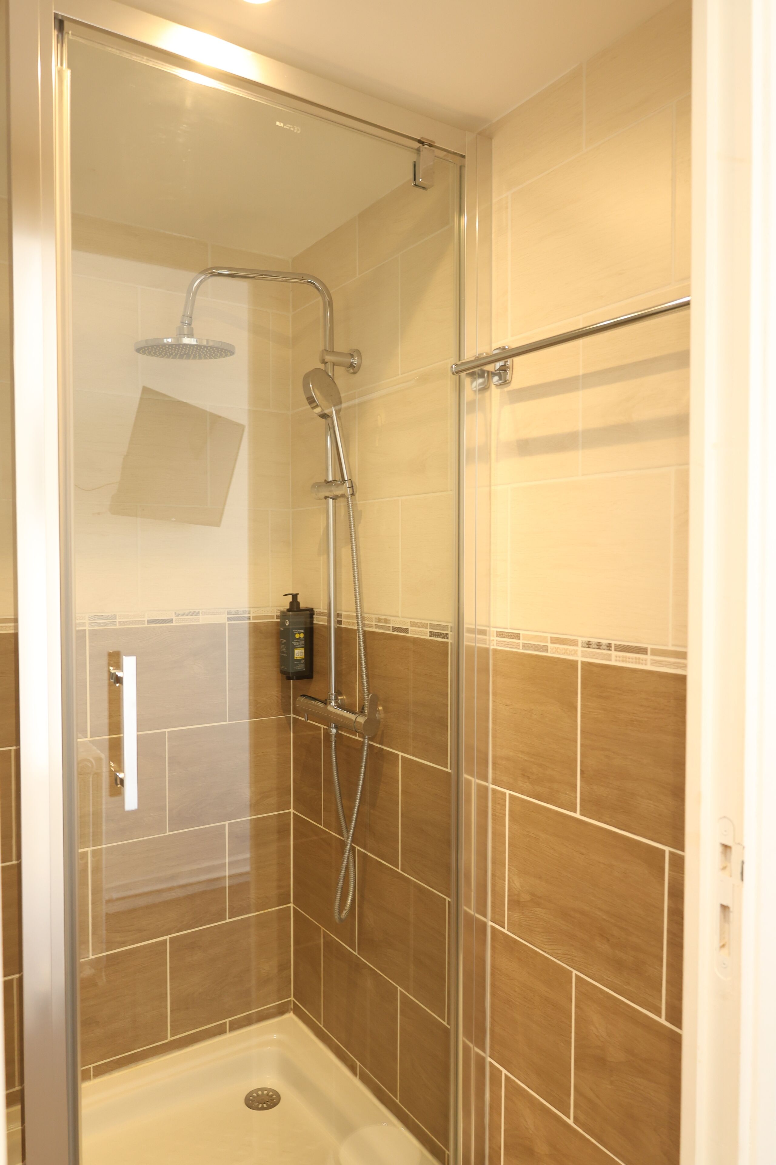 A glass-enclosed shower with a handheld showerhead and a handheld faucet.