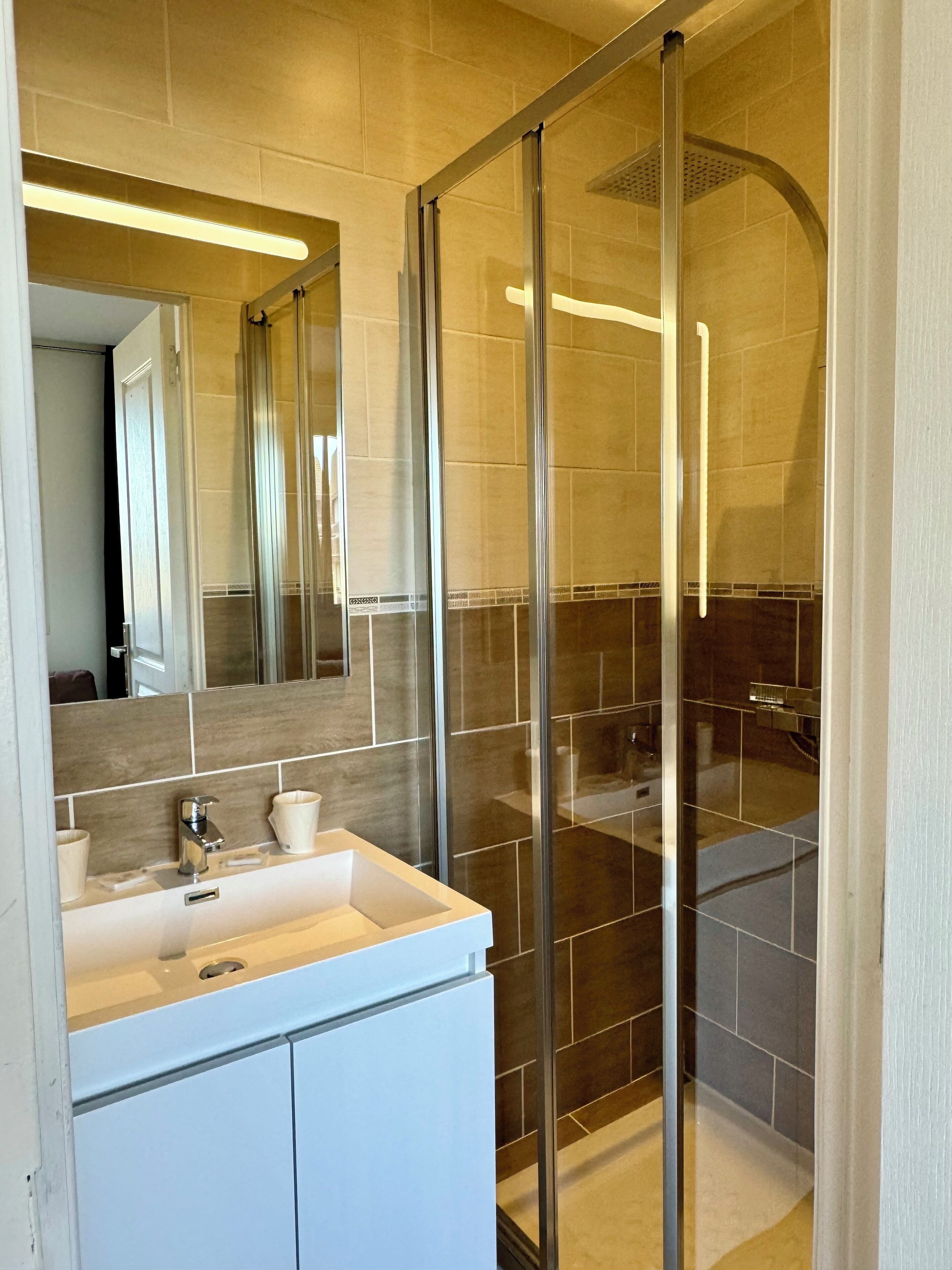 A modern bathroom with a glass shower enclosure, a white sink, and a mirror above the vanity.