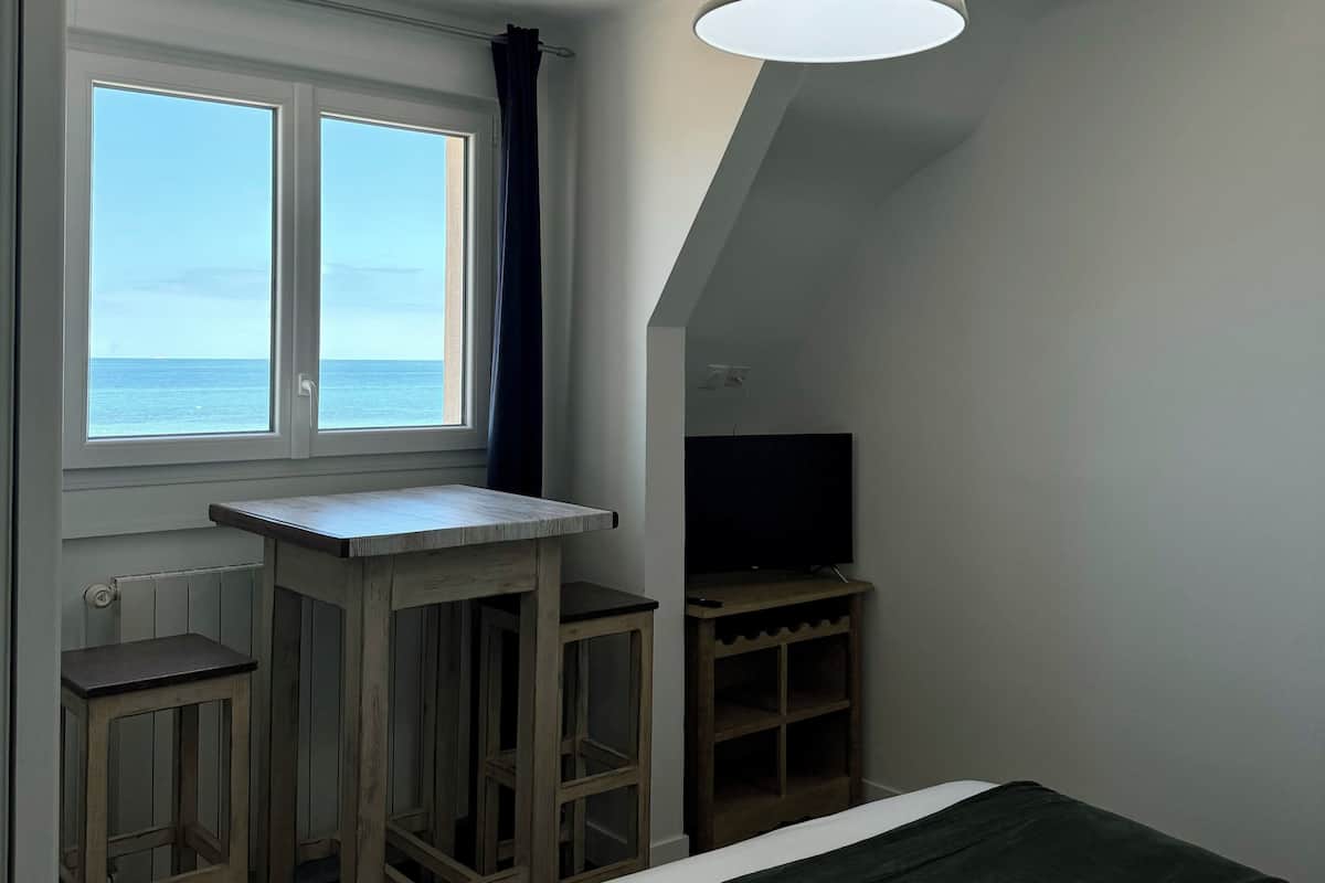 A bedroom with a bed, a desk, a chair, a television, and a window overlooking the sea.