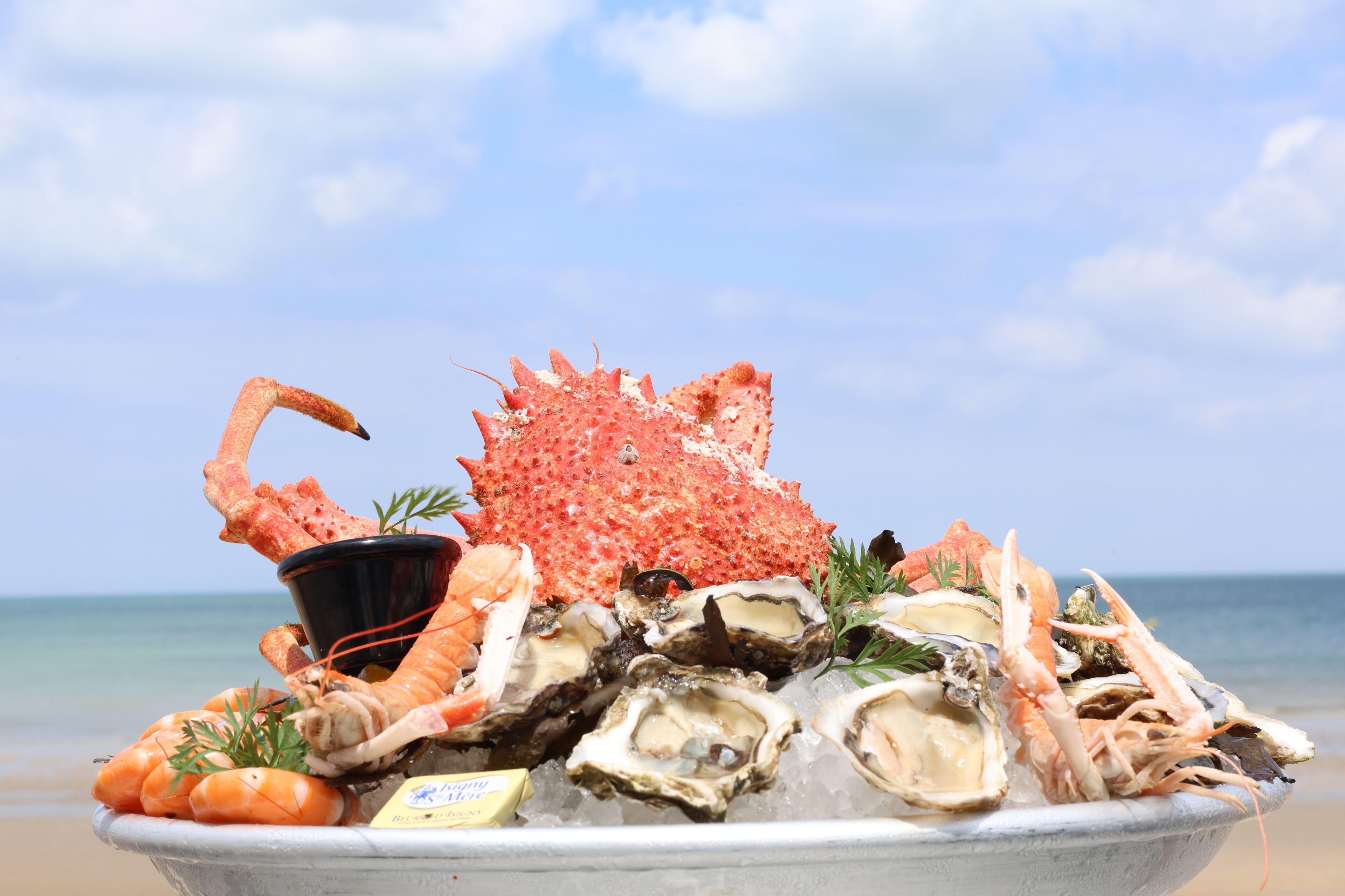 A seafood platter on ice with shrimp, oysters, and a crab on a beach.