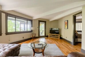 Televisio, takka, DVD-soitin, työhuone