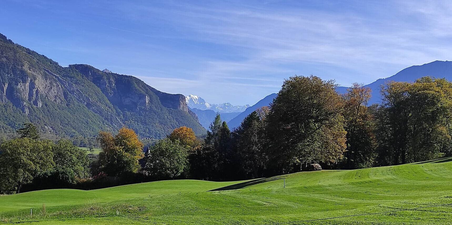 A lush green landscape with rolling hills and a mountain range in the background.