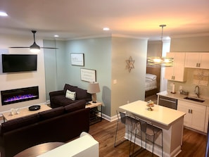 Smart TV, fireplace, music library