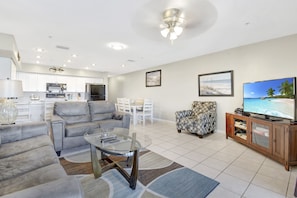 Smart TV, DVD player, books, video library