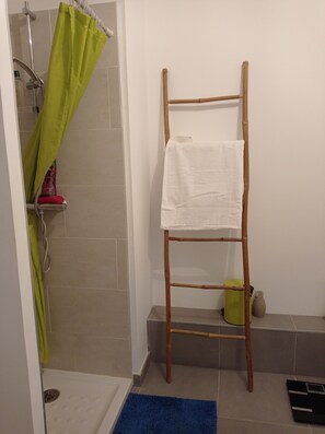 Shower, hair dryer, towels, toilet paper
