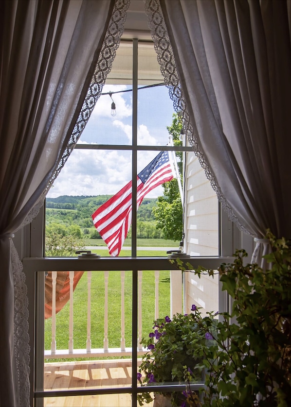 Una ventana con vistas a un paisaje verde, una bandera estadounidense y un balcón con barandilla.