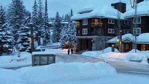 Un bâtiment recouvert de neige, doté d’une façade en pierre et de nombreuses fenêtres, entouré d’arbres chargés de neige.