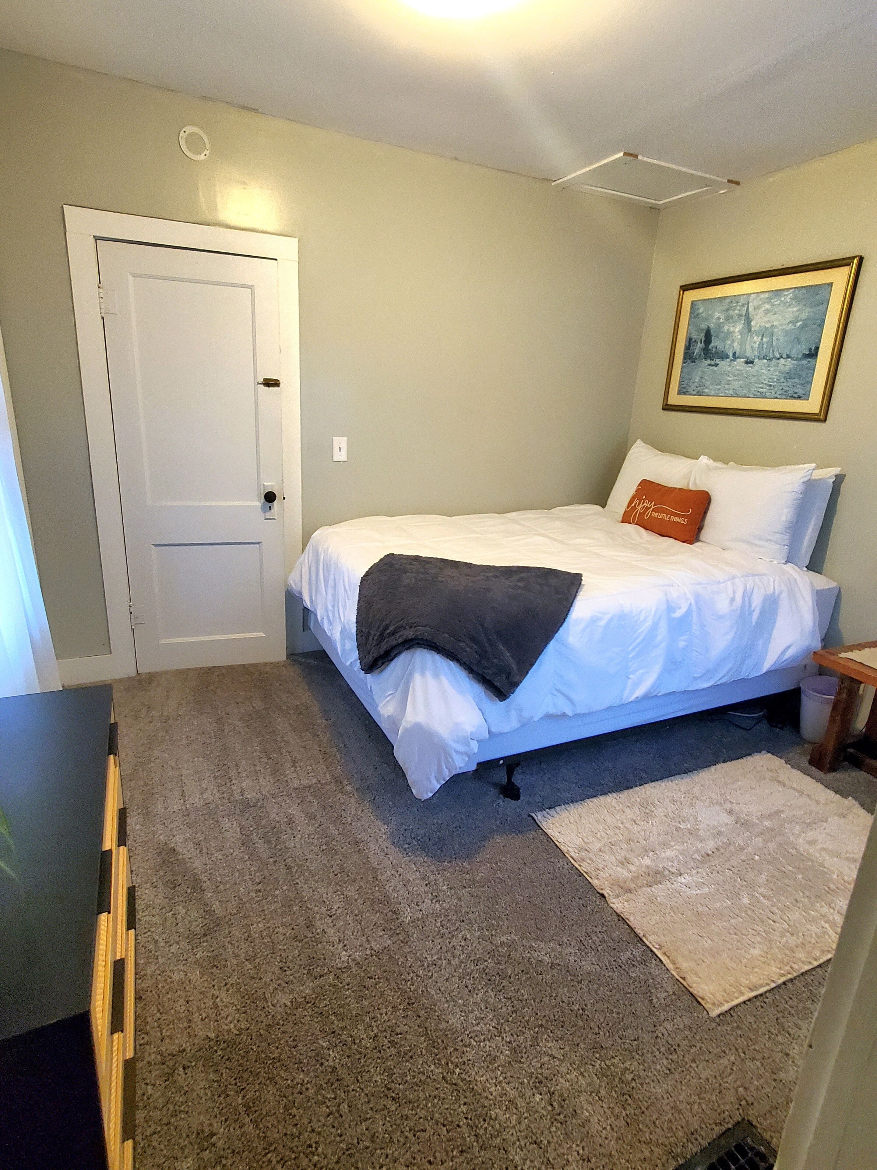 Un dormitorio con cama, una puerta, un cuadro y suelo cubierto de alfombra.