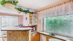 Una cocina con una isla de piedra, armarios de madera, una ventana con persianas y una planta en el techo.
