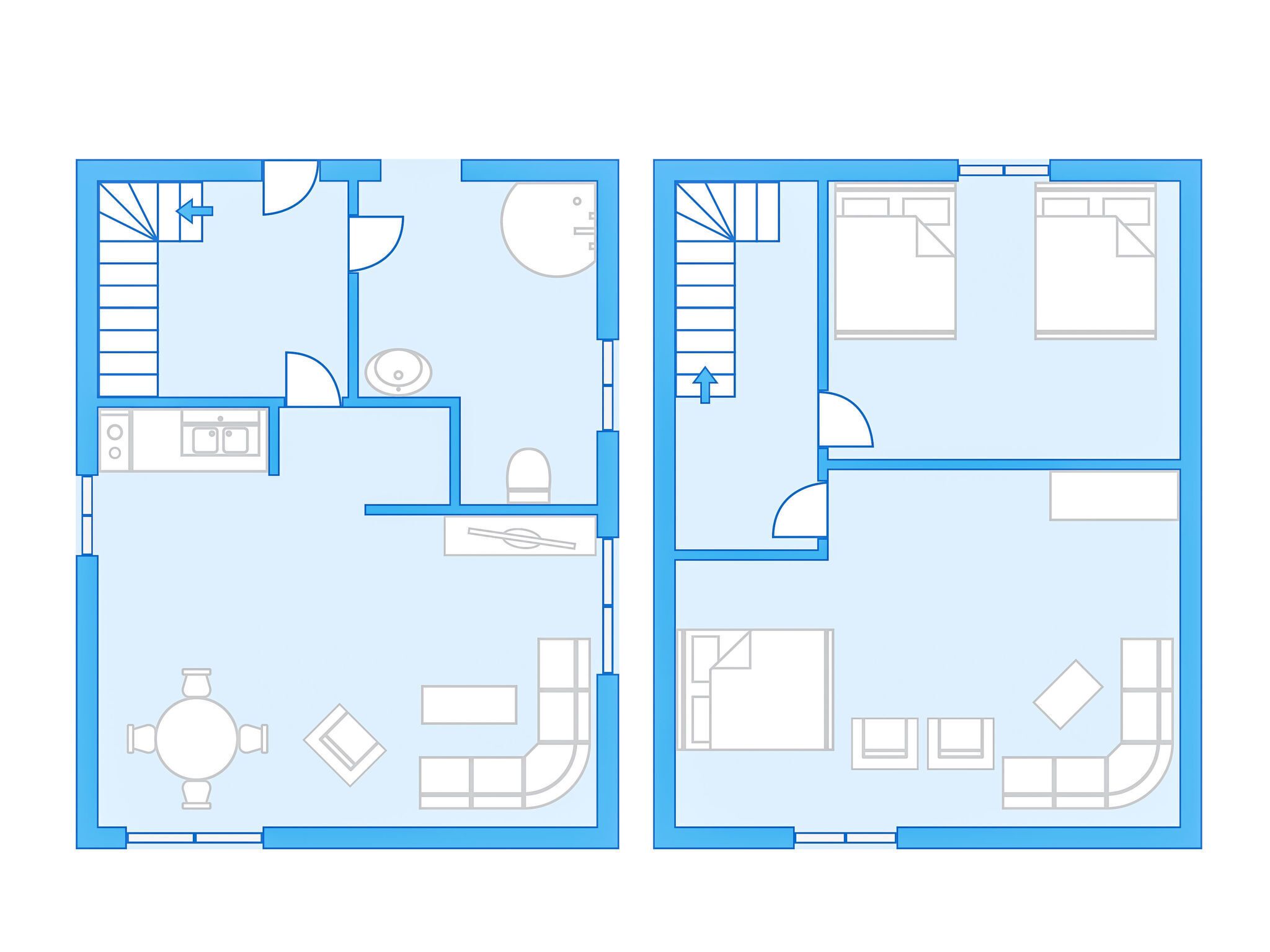 A floor plan with two bedrooms, a bathroom, a kitchen, and a dining area.