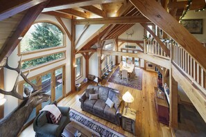 TV, fireplace, books