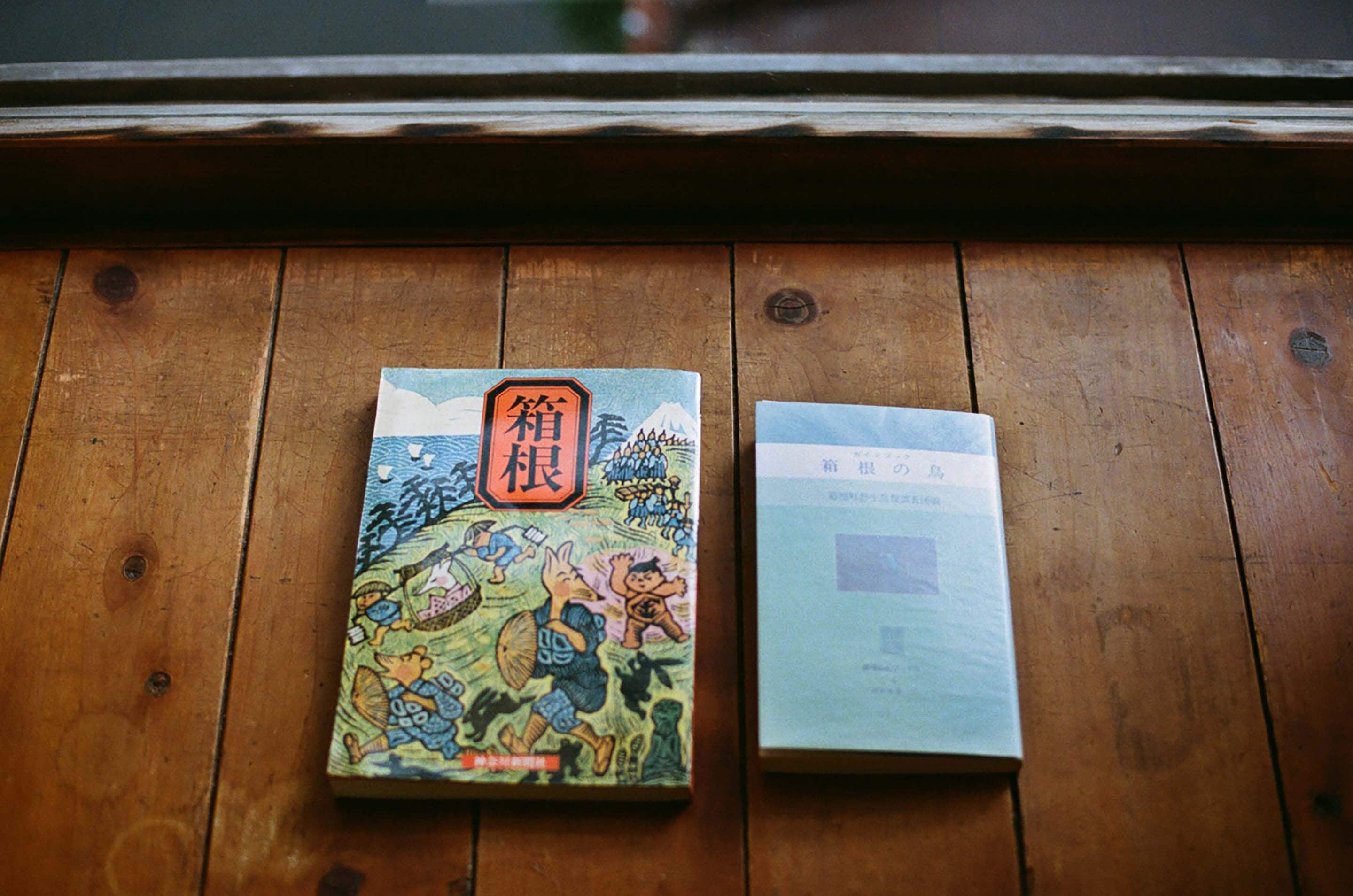Two books on a wooden surface.