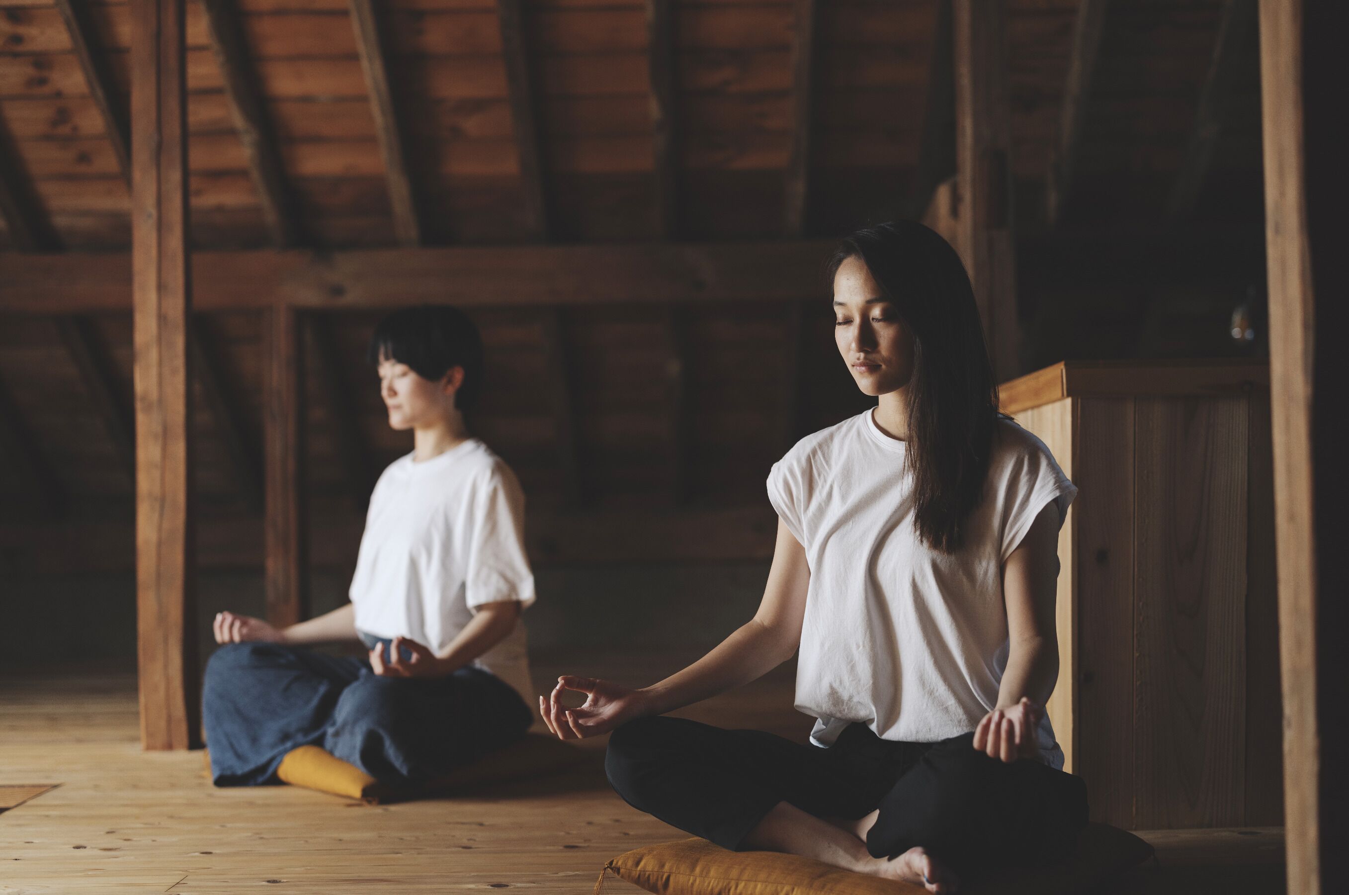 Two individuals seated in a wooden room with a sloped ceiling, engaged in a seated meditation practice.