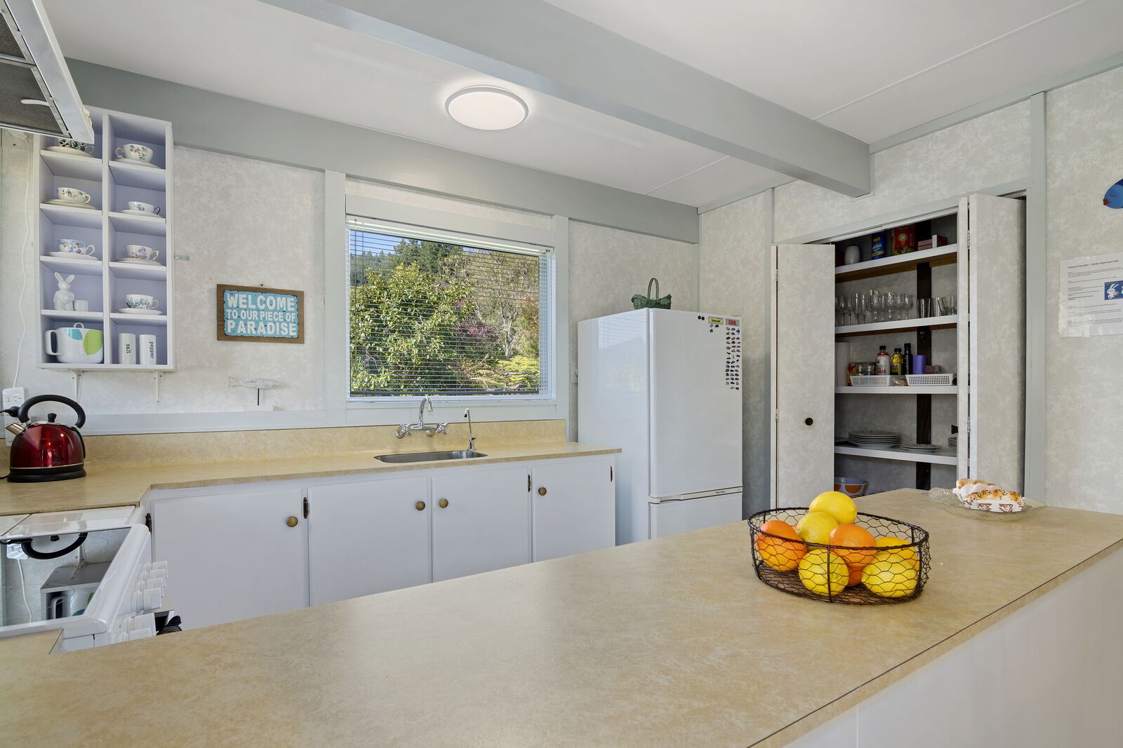 A modern kitchen with white cabinets, a built-in sink, a window with a view of greenery, and a fruit basket on the counter.