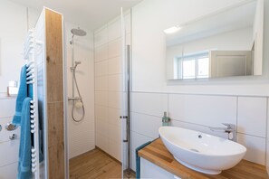Dusche, Haartrockner, Seife, Toilettenpapier