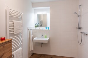 Chuveiro, secador de cabelo, toalhas de banho, sabonete