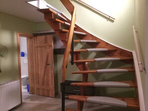 Un escalier en bois, doté d’une rampe et de marches recouvertes de moquette.