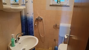 A bathroom with a sink, toilet, shower, and a window with a bottle of detergent.