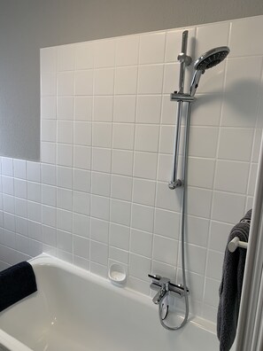Combined shower/bathtub, hair dryer, towels, soap