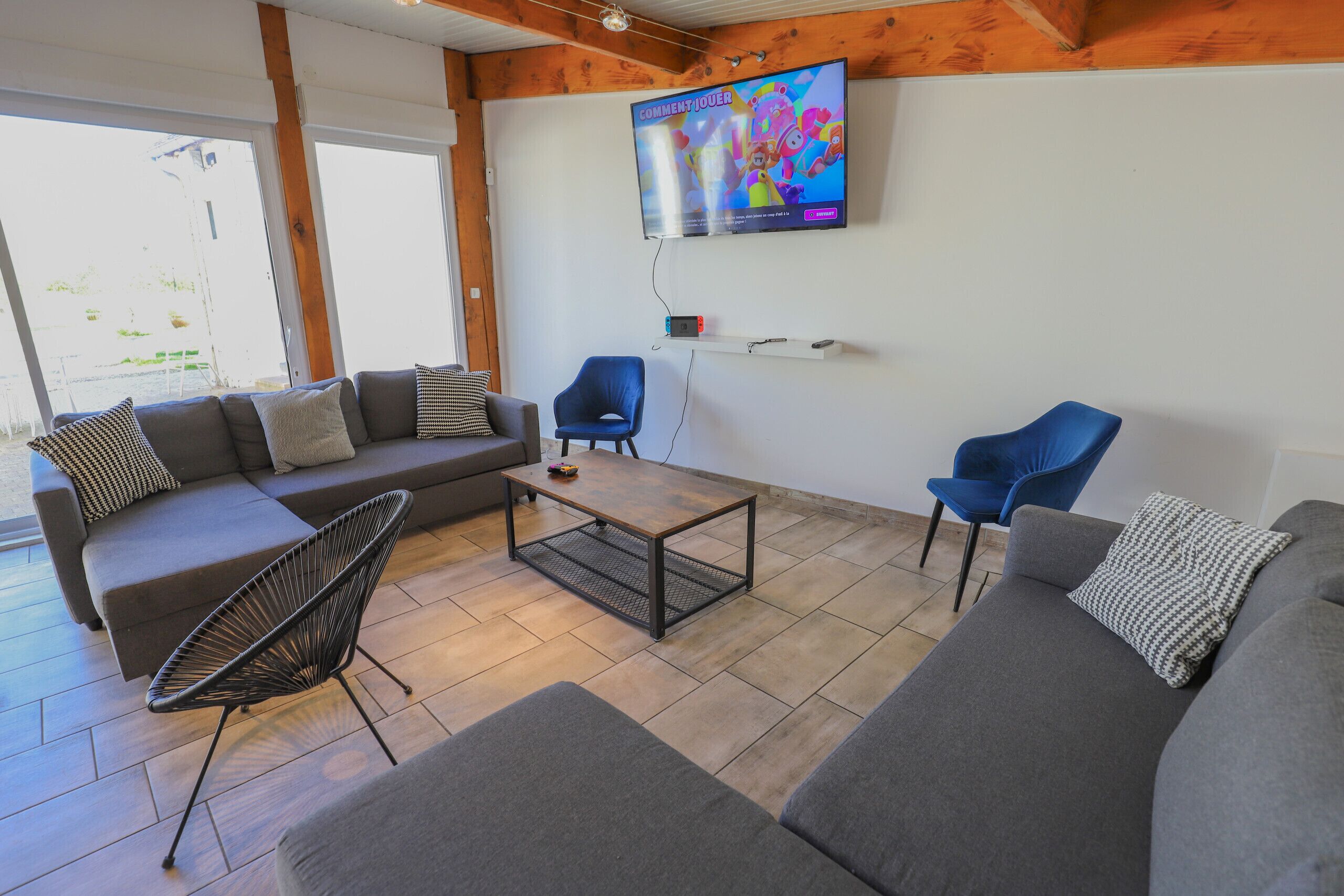 TV, video-game console, foosball, stereo