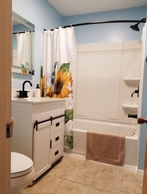 Combined shower/bathtub, hair dryer, towels, soap