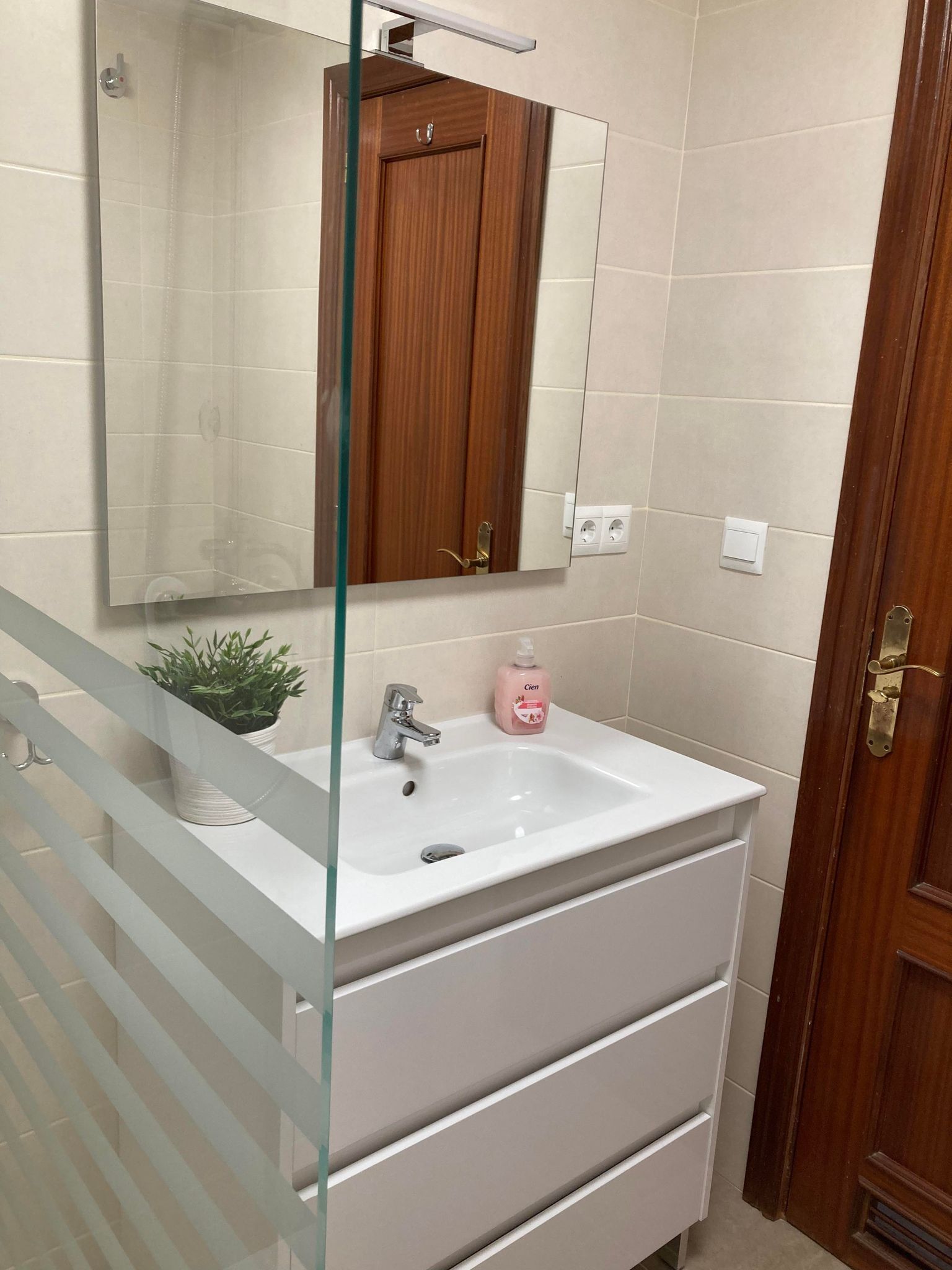 A bathroom with a white sink, a mirror, a wooden door, and a potted plant.