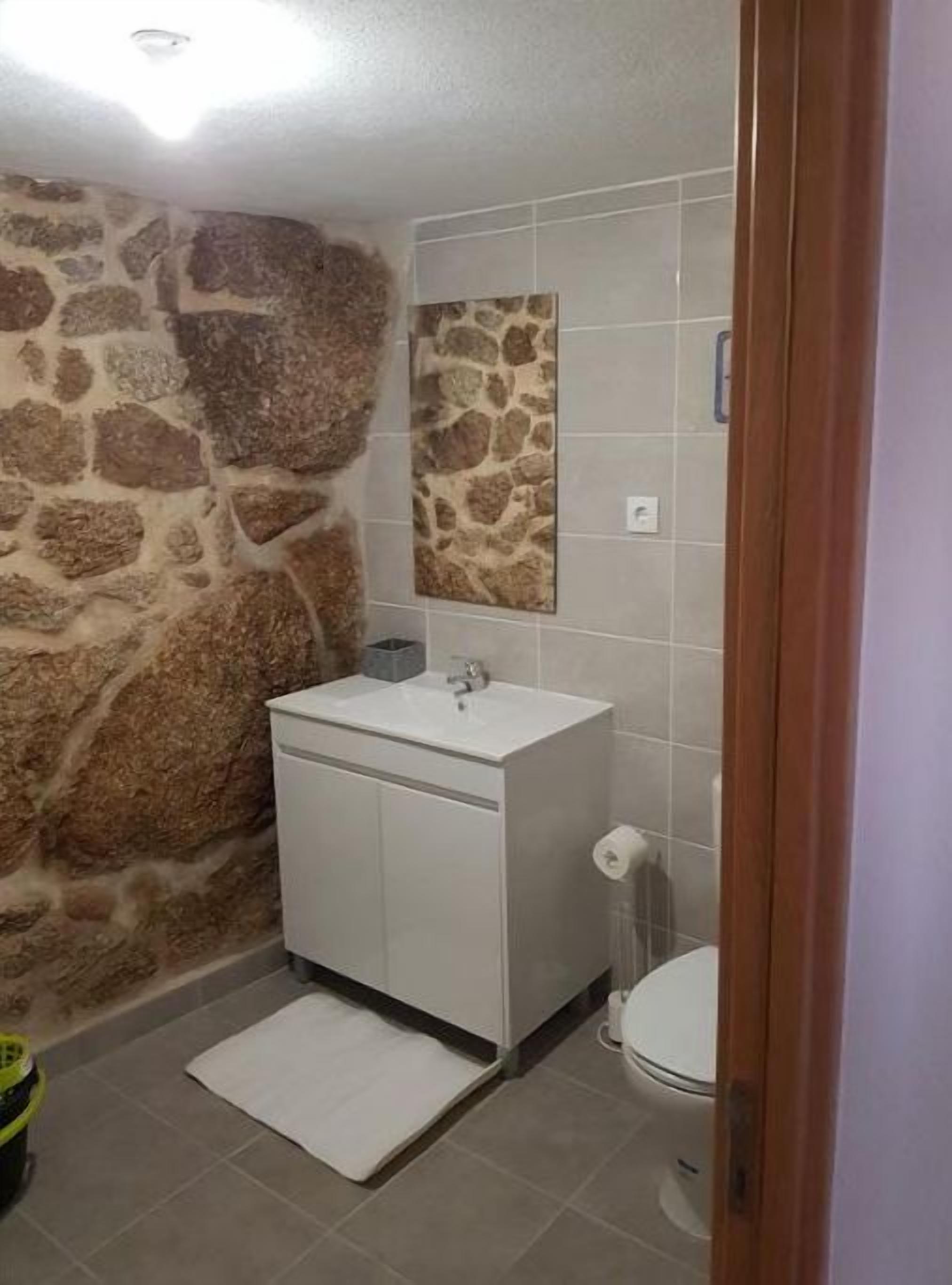 Une salle de bain avec un mur en pierre, un lavabo blanc et des toilettes.