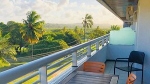 A balcony with a table and chairs, overlooking a lush landscape with palm trees and a clear sky.