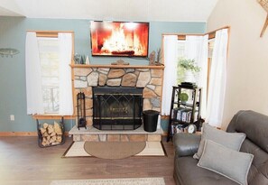 Smart TV, fireplace, video games, DVD player