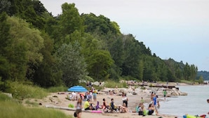 Una playa con gente relajándose y algunos sentados sobre la arena. Se ven árboles al fondo y una masa de agua.