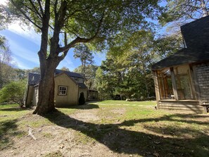 Une cabane rustique avec un grand arbre devant, un petit abri de jardin et une cour gazonnée.